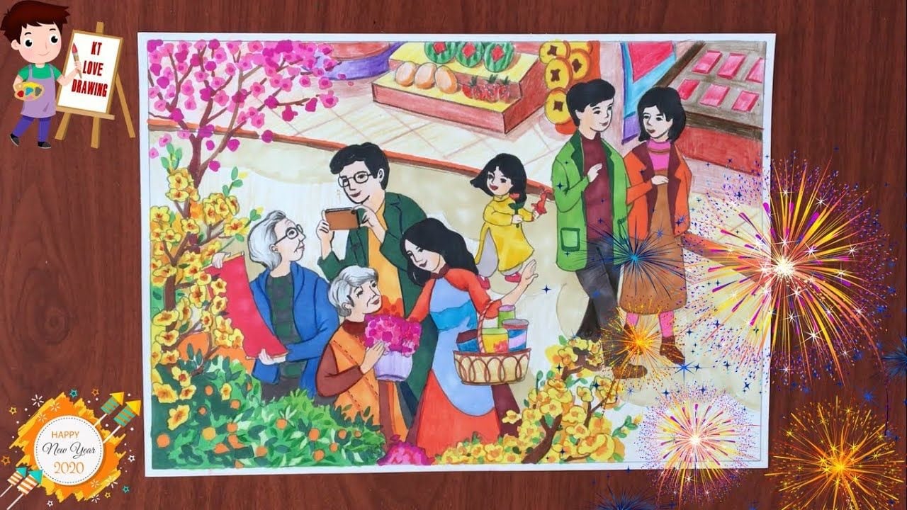 Tranh bút chì màu gia đình ông bà, bố mẹ và con đi chợ hoa Tết giữa các chậu mai vàng, cành đào hồng và sạp hàng