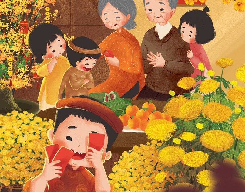 Minh họa cậu bé đội khăn xếp che mặt bằng bao lì xì đỏ, ông bà và các anh chị mặc áo dài phía sau, hoa mai, hoa cúc vàng, đĩa quýt
