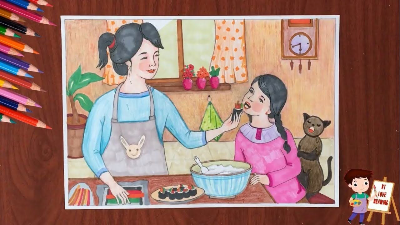Tranh bút chì màu người mẹ đeo tạp dề đút cho con gái miếng cơm cuộn rong biển trong bếp, thau cơm trắng trên bàn, chú mèo đen phía sau