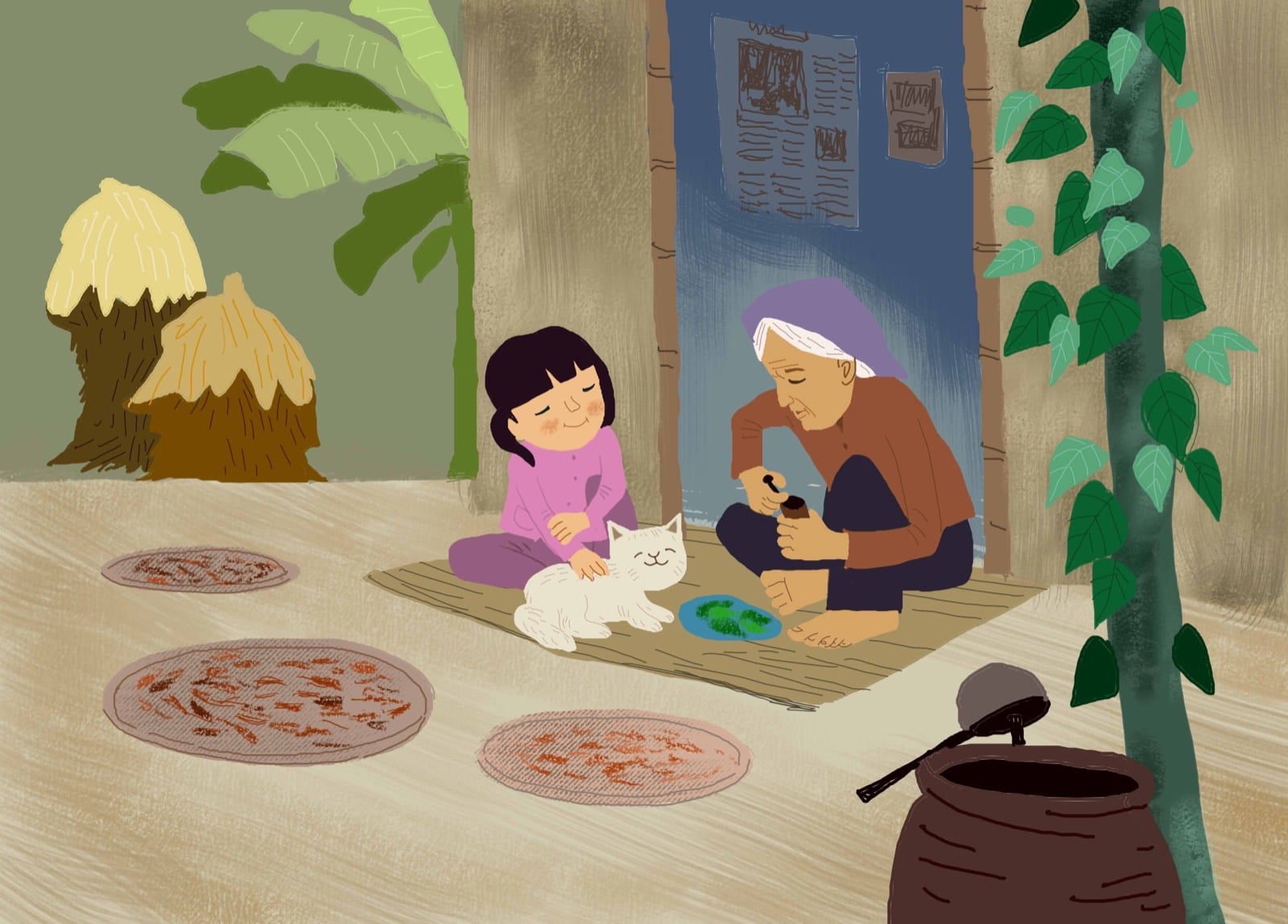 Minh họa bà đội khăn tím ngồi trên chiếu trước hiên nhà cầm chiếc cối nhỏ, cháu gái áo hồng vuốt ve chú mèo trắng, nong phơi trên sân, đống rơm, cây chuối, chum nước