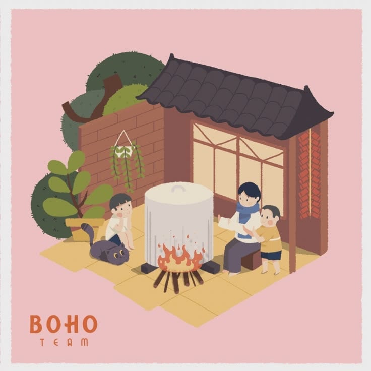 Minh họa góc hiên nhà mái ngói nhìn chéo từ trên xuống, nồi lớn trên bếp lửa, người lớn quàng khăn ngồi sưởi cùng em nhỏ áo vàng, một em khác ngồi cạnh chú mèo