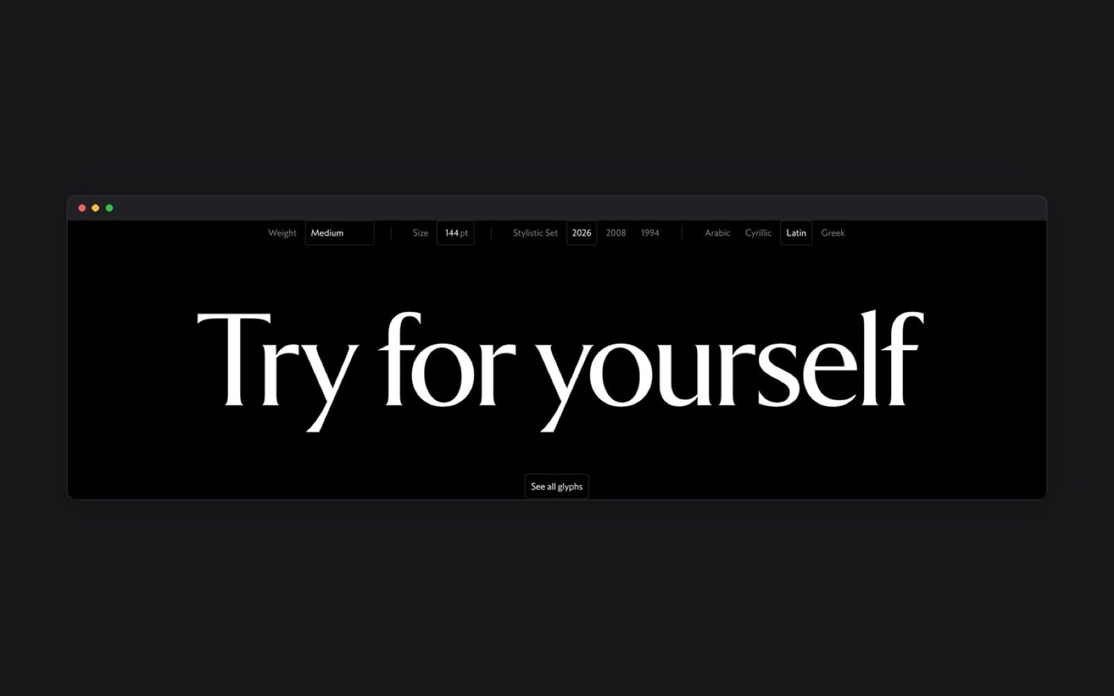 Giao diện trang web nền đen với thanh công cụ mảnh phía trên và dòng chữ trắng lớn Try for yourself ở giữa