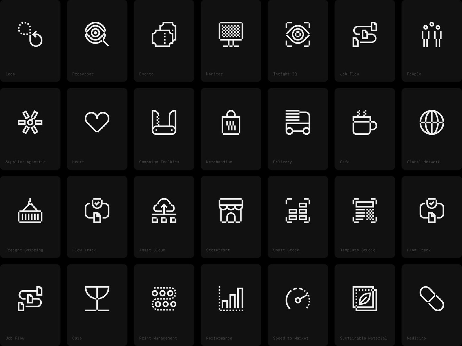 Bộ icon nét mảnh màu trắng trên các ô vuông đen, bốn hàng bảy cột, gồm biểu đồ, đồng hồ đo, xe tải, hộp hàng và quả địa cầu