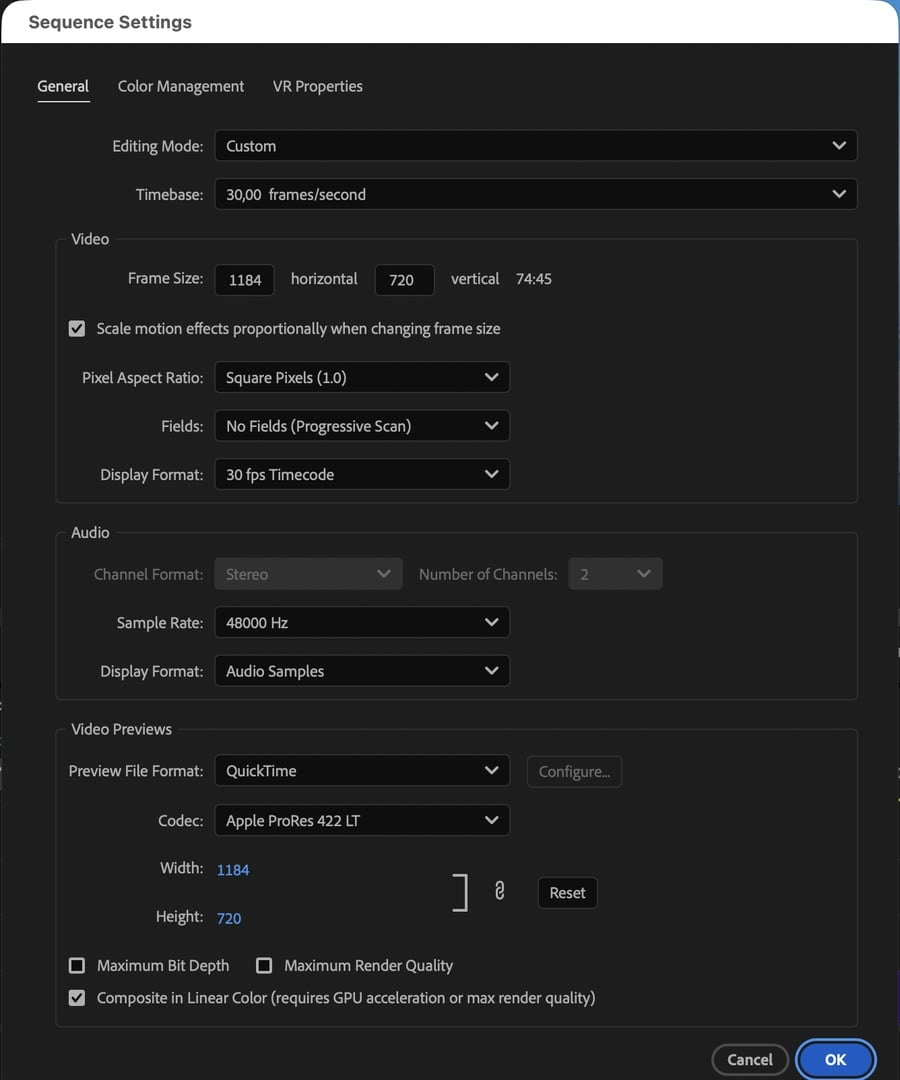 Hộp thoại Sequence Settings của sequence tạo từ video 1184 x 720, 30 fps