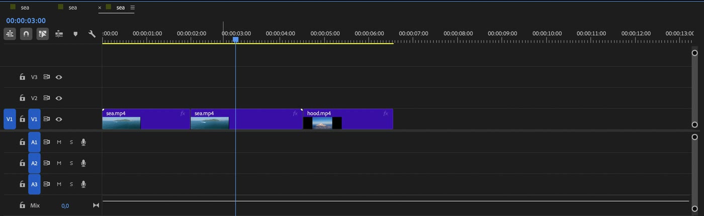 Timeline Premiere sau khi cắt bằng Razor và Ripple Delete: hai đoạn sea.mp4 nối liền với đoạn hood.mp4
