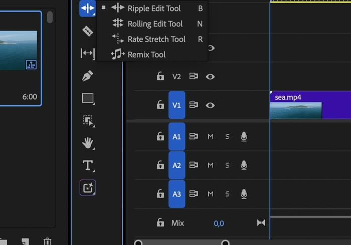 Nhóm công cụ Ripple Edit trong Premiere 2026: Ripple Edit Tool B, Rolling Edit Tool N, Rate Stretch Tool R, Remix Tool