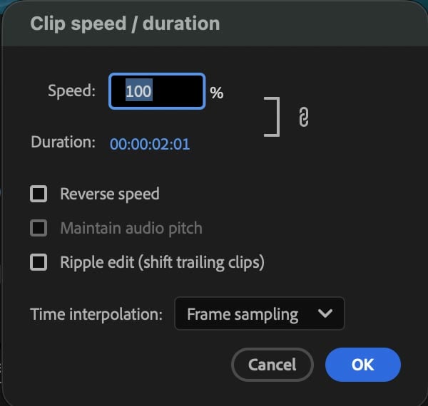 Hộp thoại Clip Speed / Duration trong Premiere 2026 với ô Speed, Duration, Reverse Speed, Ripple edit