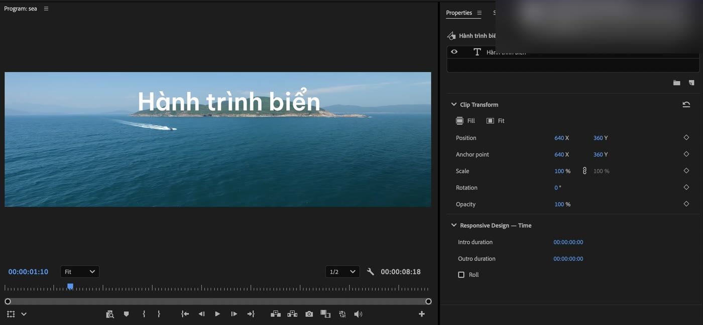 Chữ Hành trình biển trên video biển trong Program Monitor, panel Properties hiện Clip Transform của clip chữ