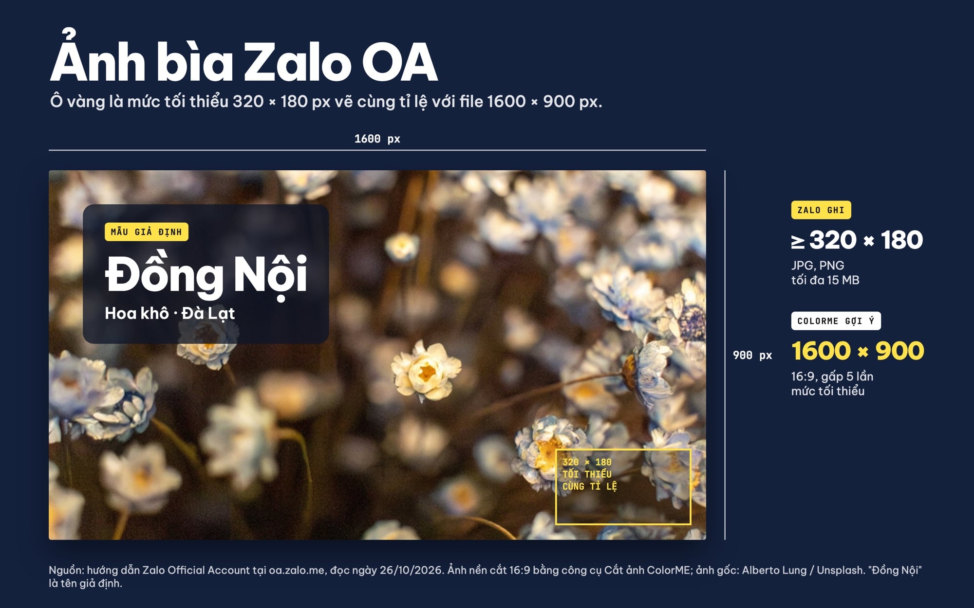 Kích thước ảnh bìa Zalo OA 1600x900 so với mức tối thiểu 320x180
