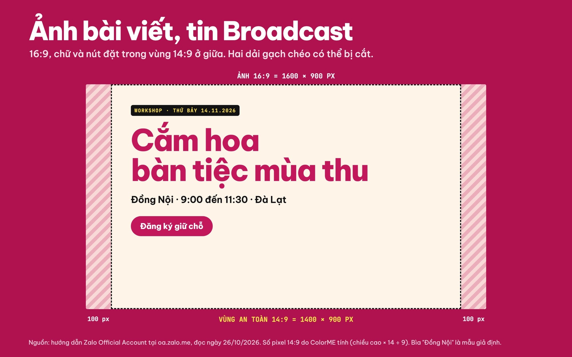 Vùng an toàn 14:9 trên ảnh bìa bài viết và Broadcast Zalo OA 1600x900