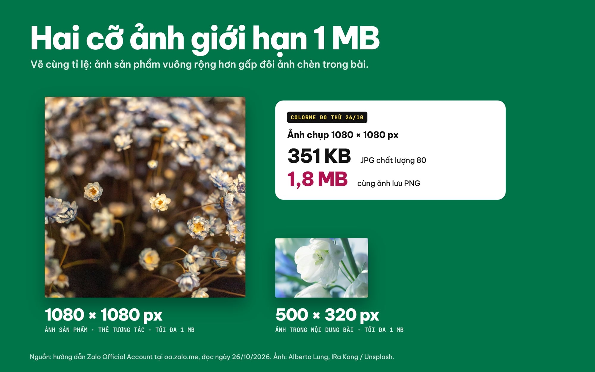 Kích thước ảnh trong bài viết Zalo OA 500x320 và ảnh sản phẩm 1080x1080