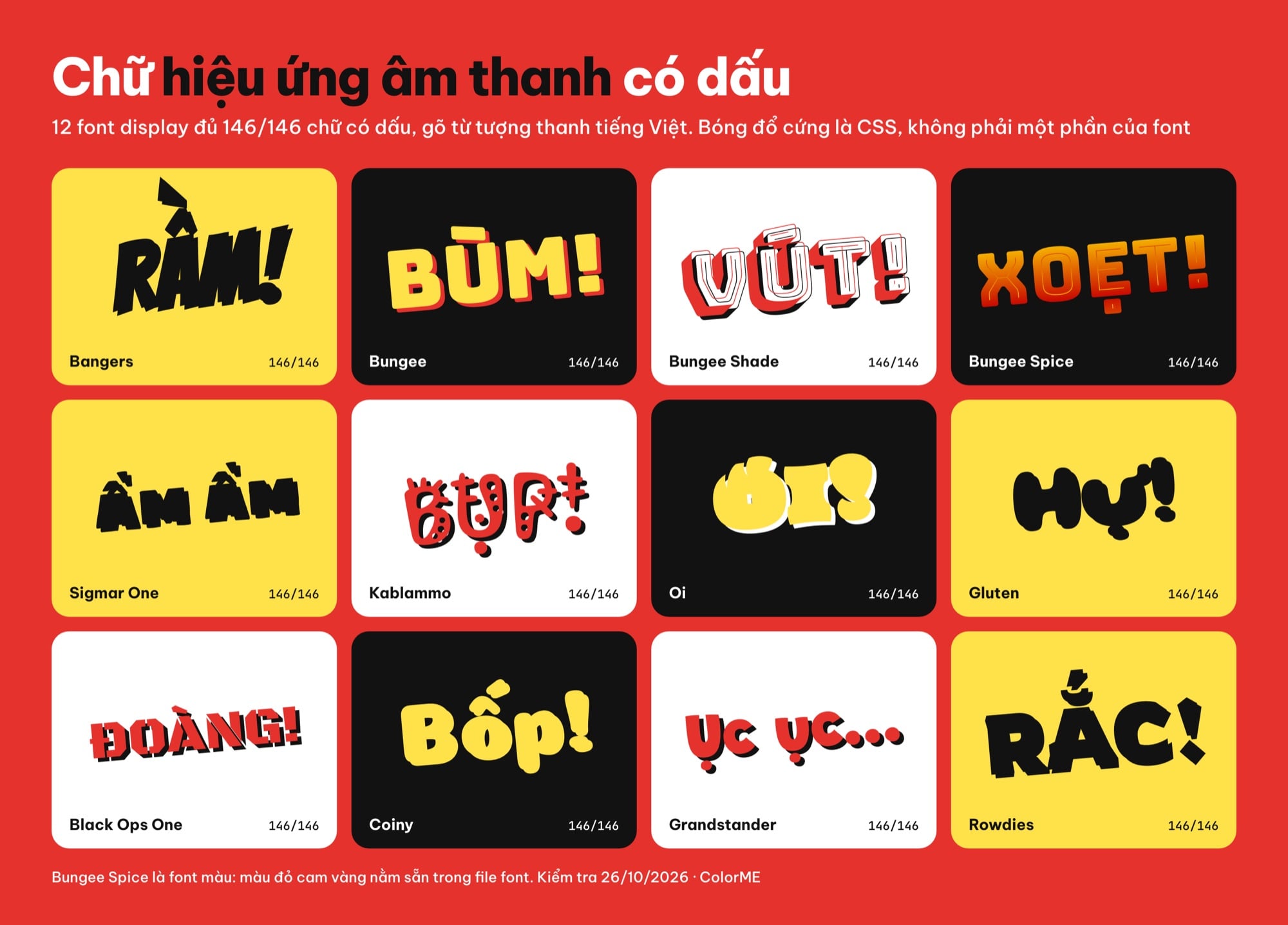 Font chữ hiệu ứng truyện tranh có dấu: Bangers RẦM, Bungee BÙM, Bungee Shade VÚT, Sigmar One, Kablammo