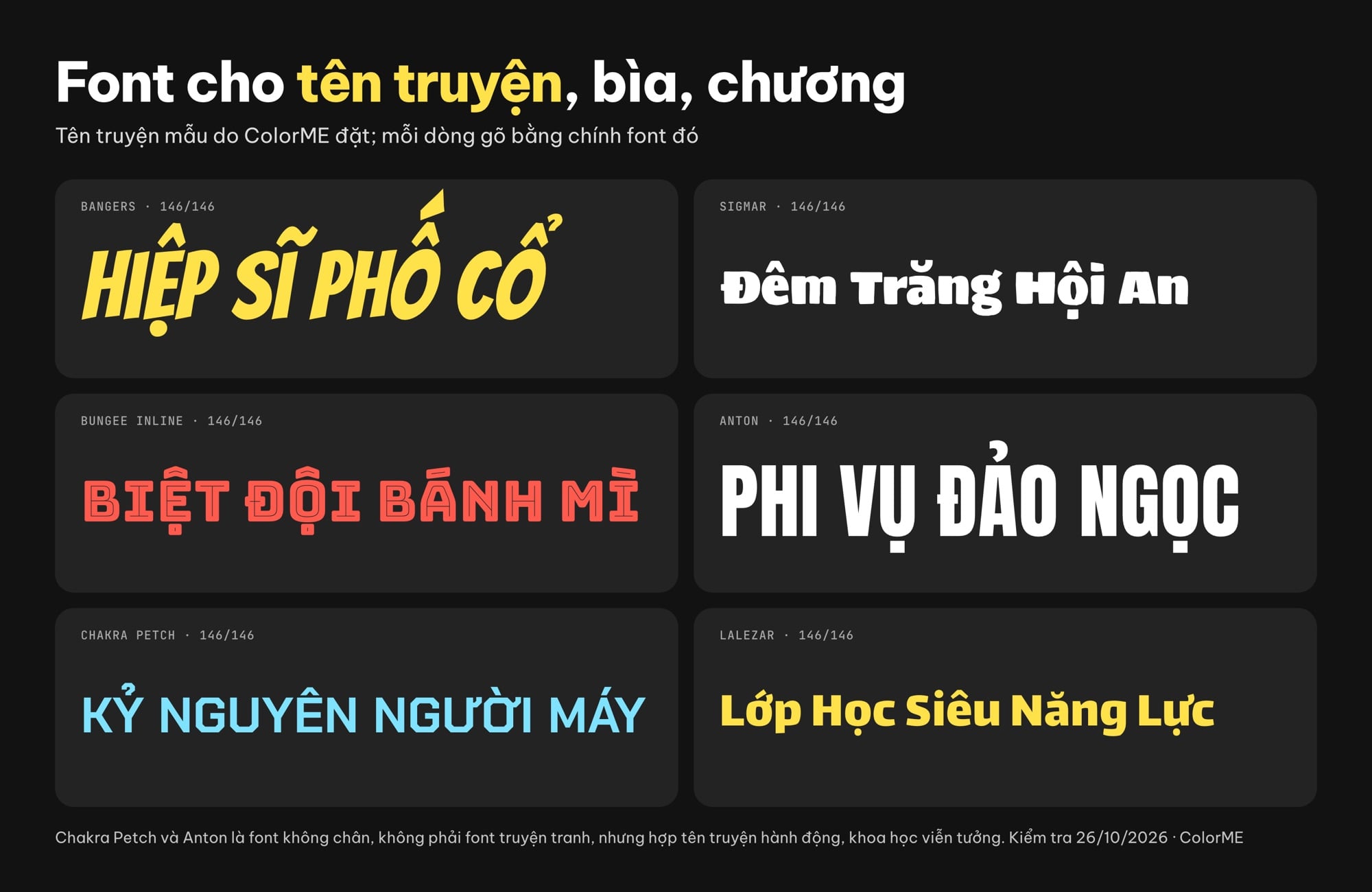 Font tên truyện tranh có tiếng Việt: Bangers, Sigmar, Bungee Inline, Anton, Chakra Petch, Lalezar