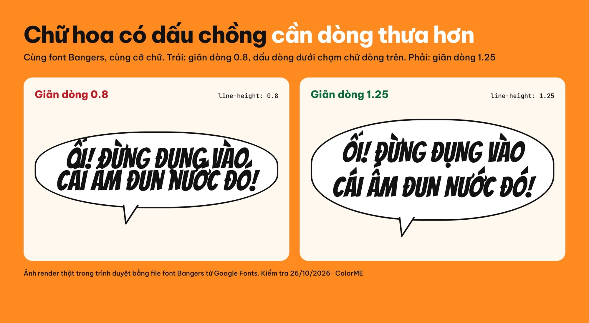 Chữ hoa có dấu chồng trong bóng thoại truyện tranh, so sánh giãn dòng 0.8 và 1.25