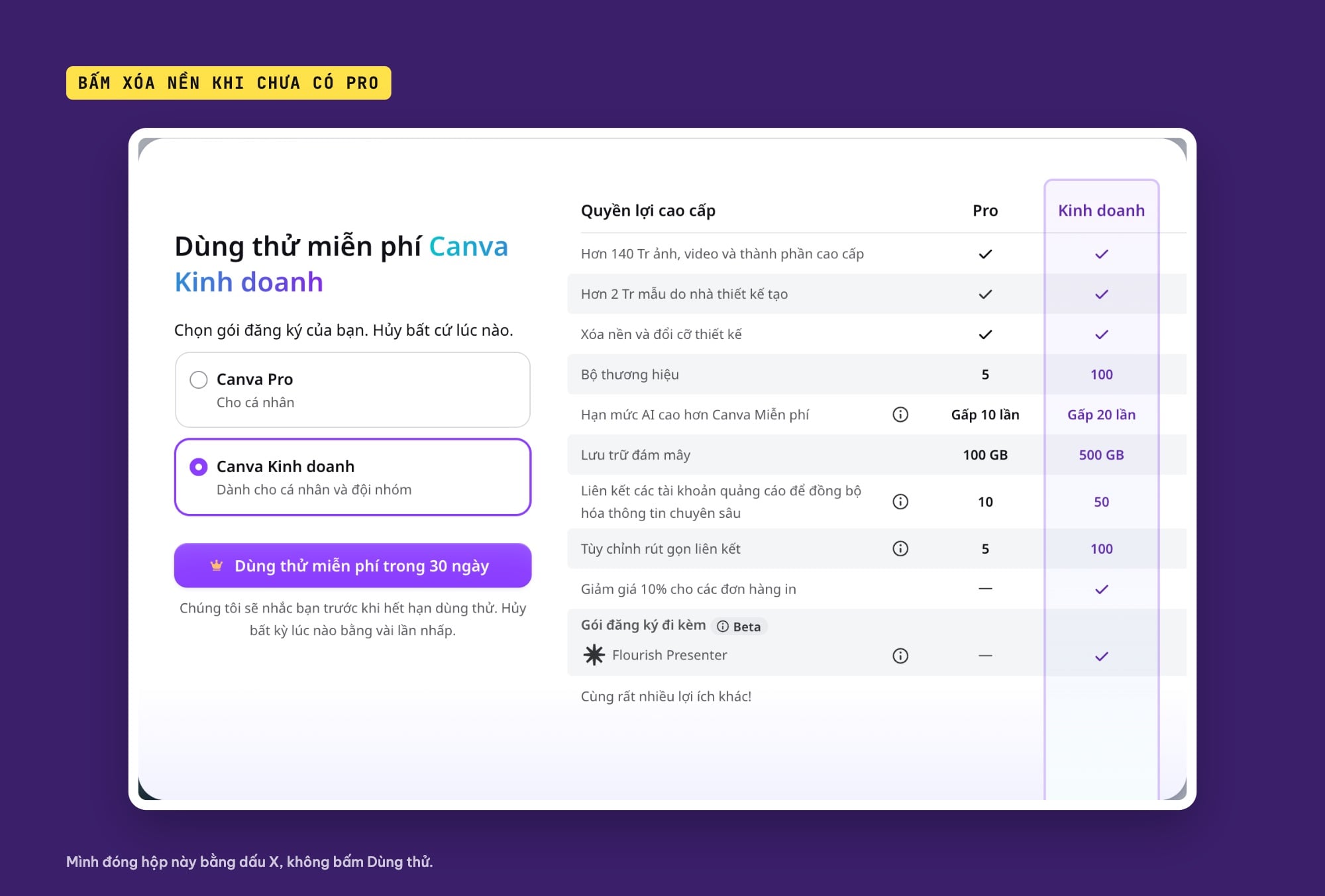 Hộp dùng thử Canva khi bấm Xóa nền