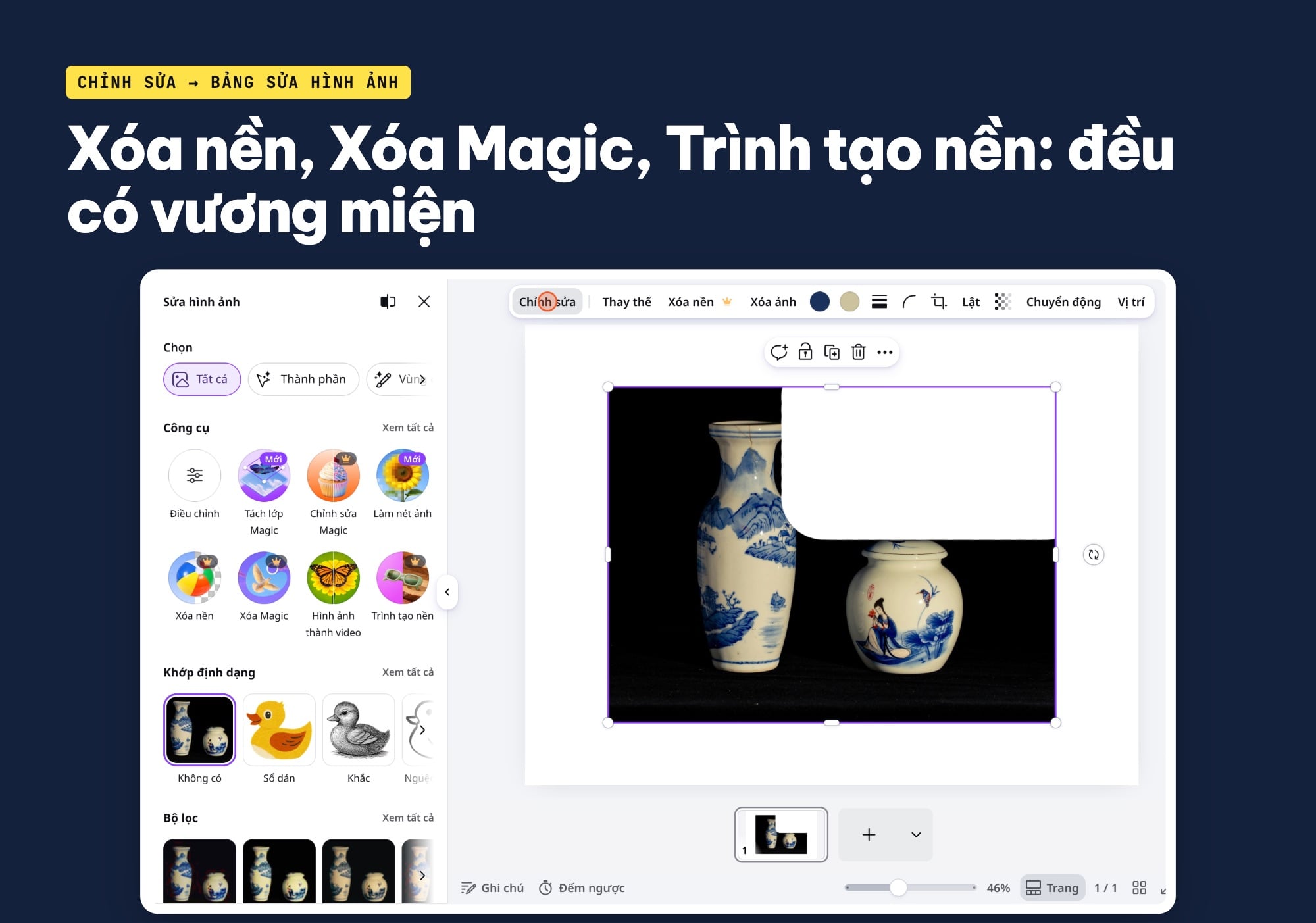 Bảng Sửa hình ảnh trong Canva với các công cụ nền