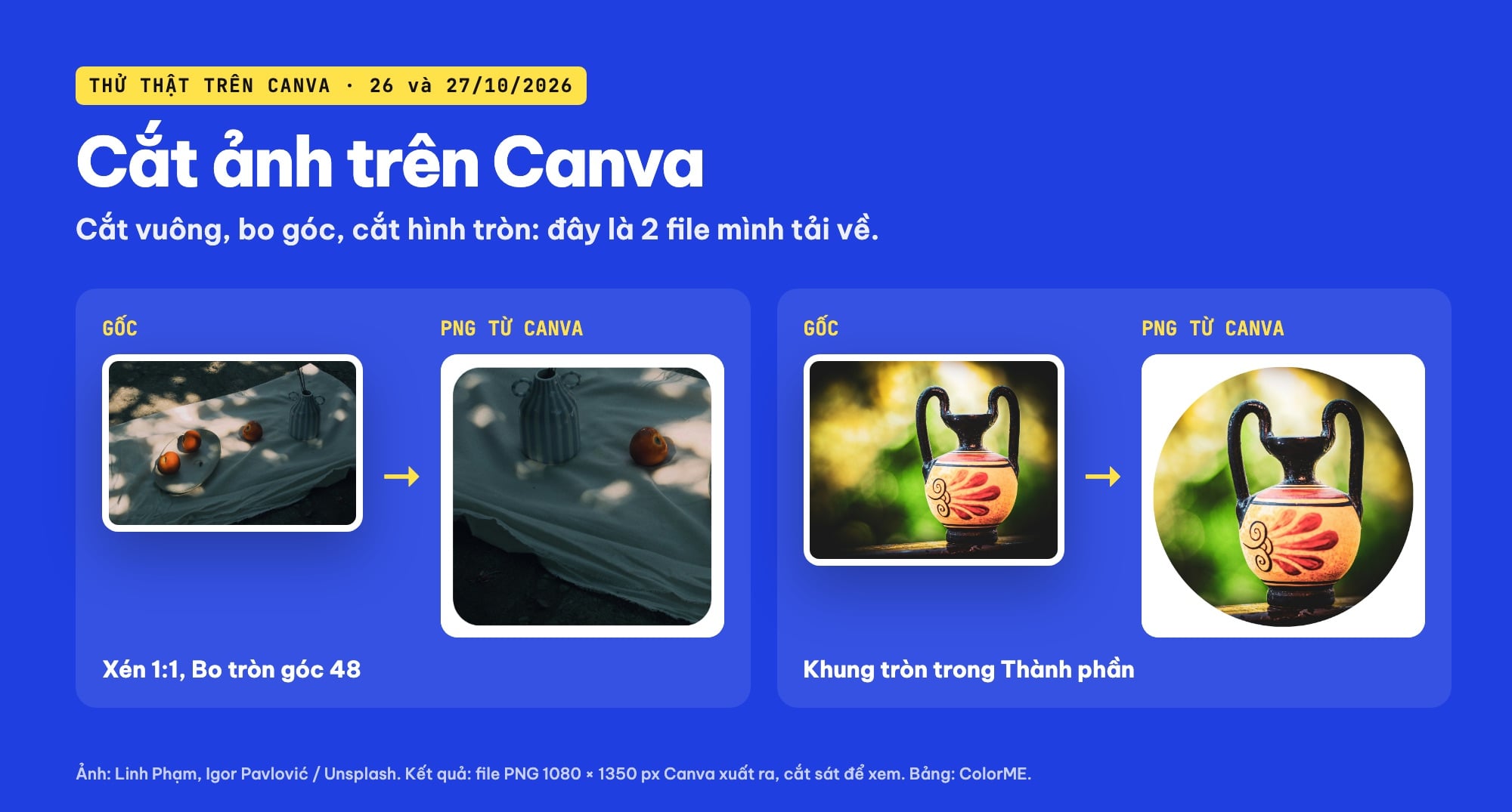 Cách cắt ảnh trên Canva: ảnh gốc và ảnh đã cắt vuông bo góc, cắt hình tròn