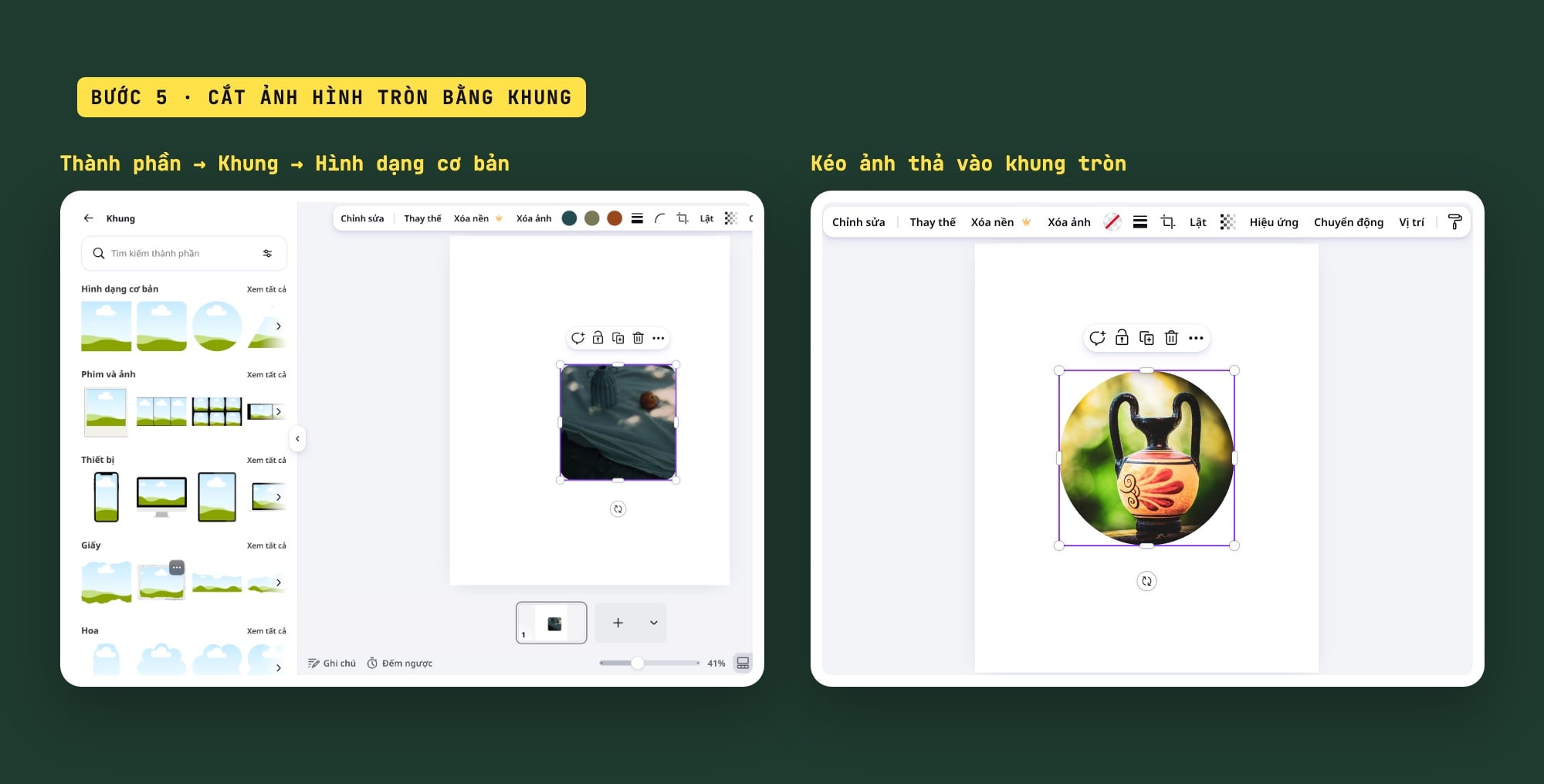 Cắt ảnh hình tròn trên Canva bằng Khung