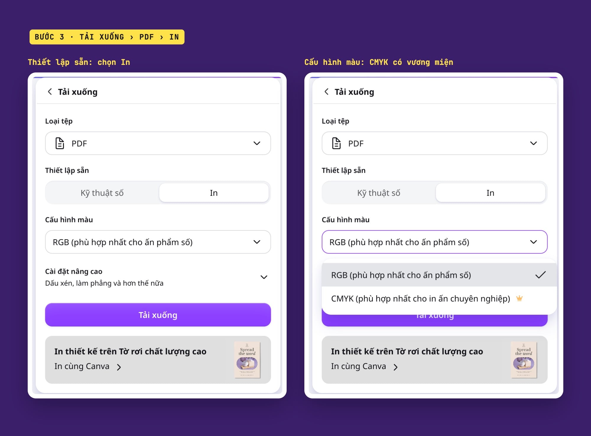 Tải PDF In trong Canva, tùy chọn RGB và CMYK