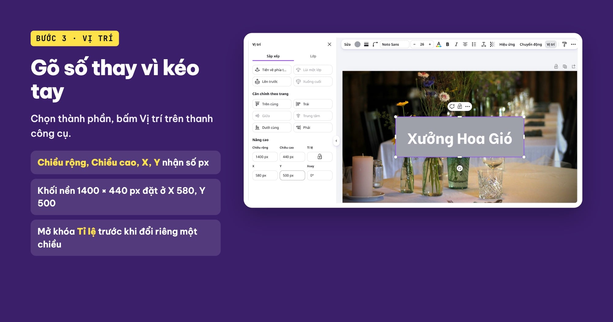 Chỉnh vị trí và kích thước thành phần trong Canva