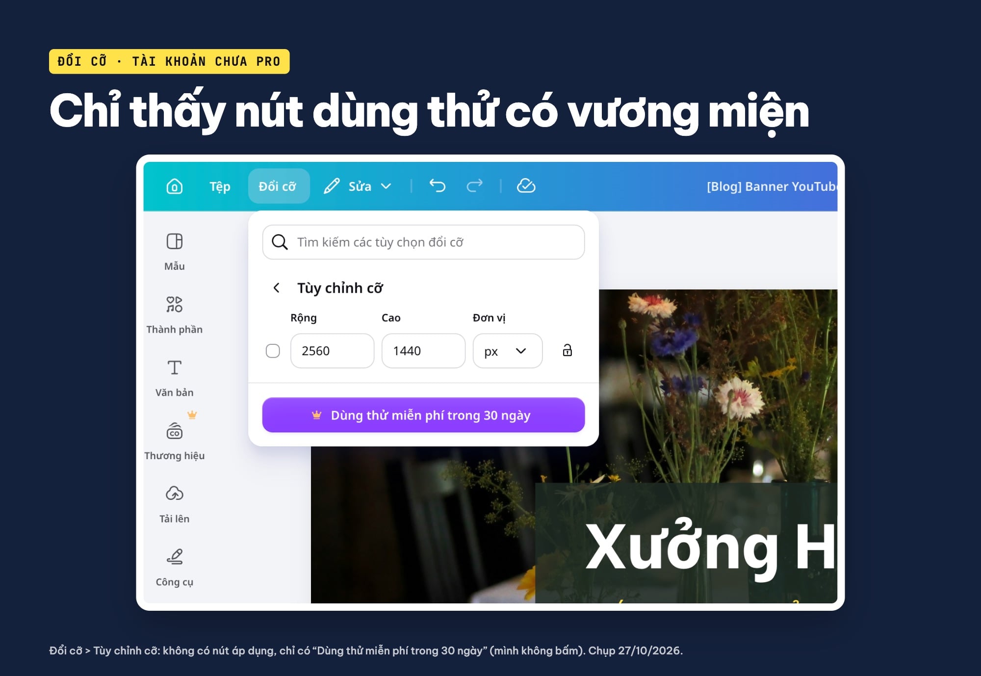 Đổi cỡ banner trong Canva tài khoản thường