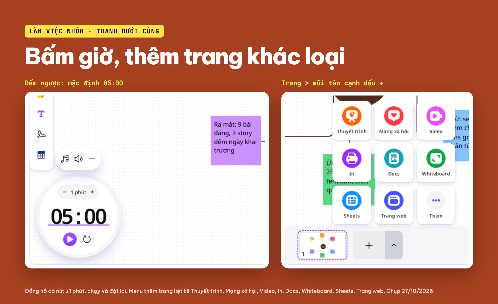Đồng hồ đếm ngược và thêm trang trong Canva Whiteboard