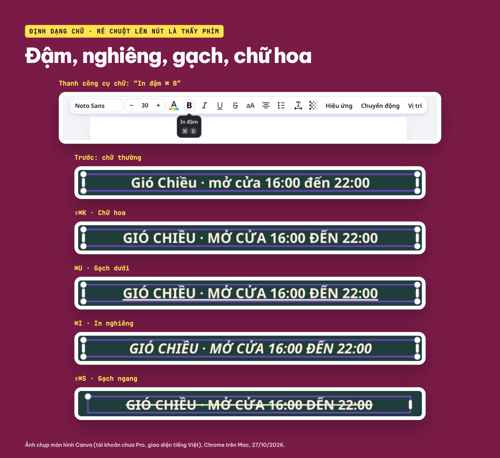 Phím tắt định dạng chữ trong Canva