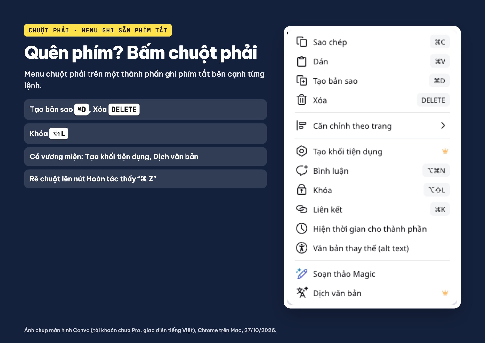 Menu chuột phải Canva ghi phím tắt