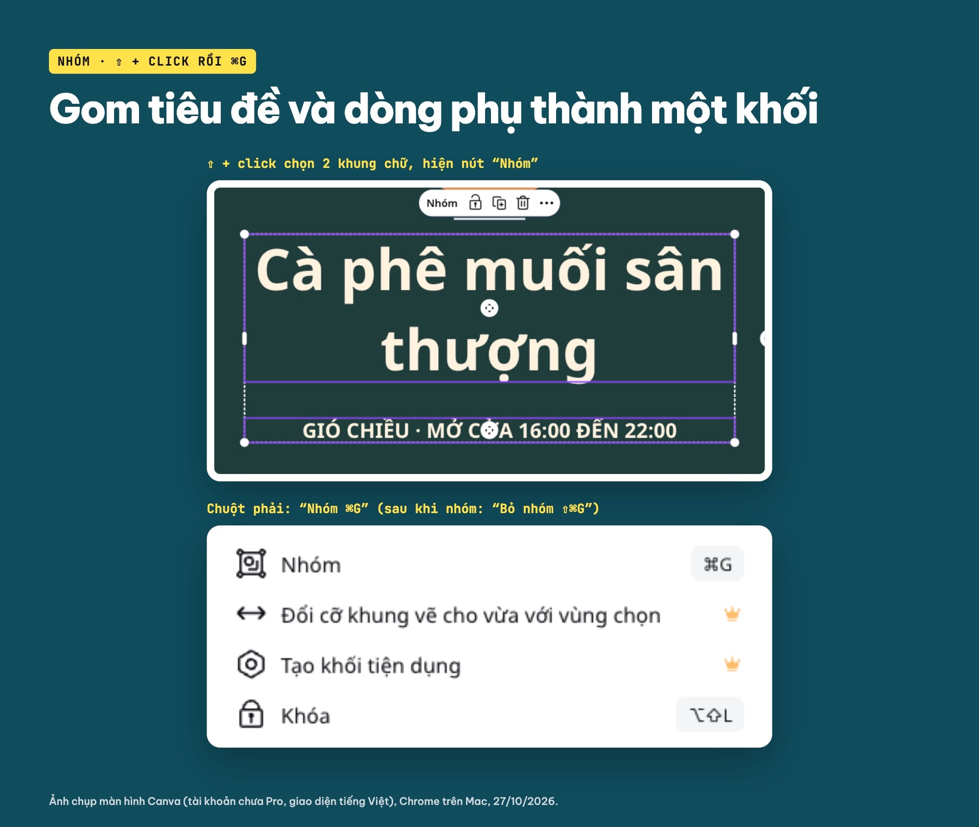 Phím tắt nhóm thành phần trong Canva