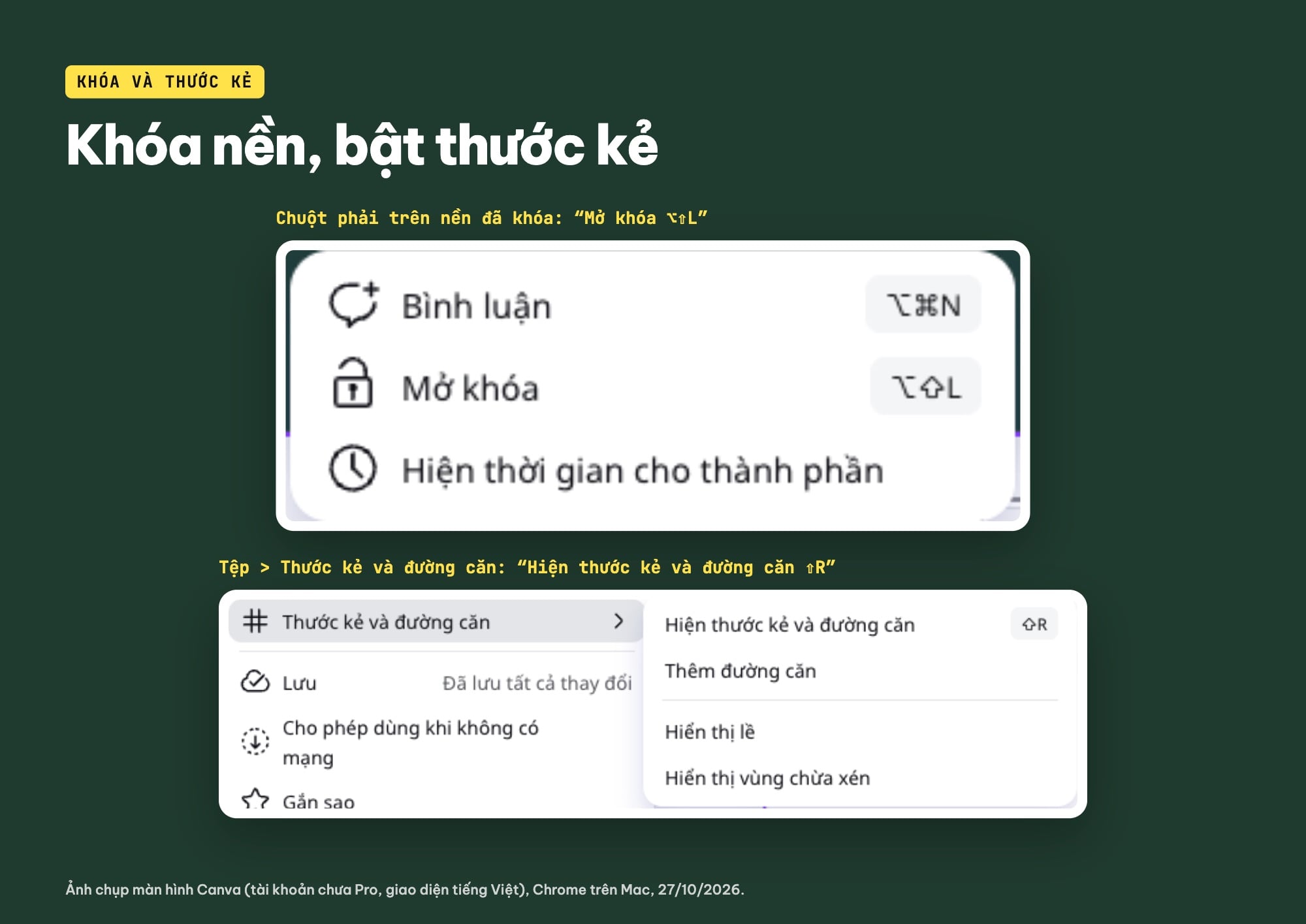 Phím tắt khóa và hiện thước kẻ trong Canva