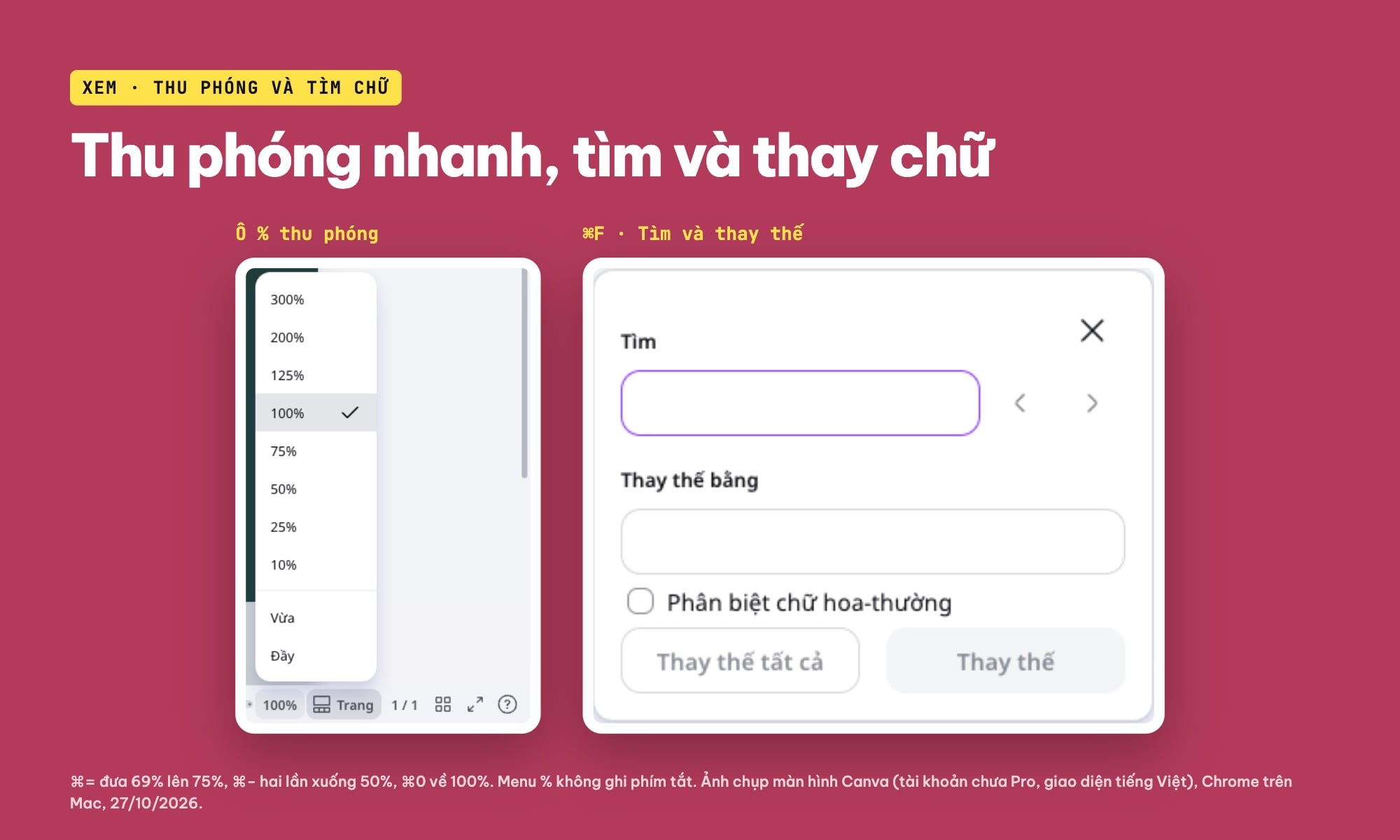 Phím tắt thu phóng và tìm chữ trong Canva
