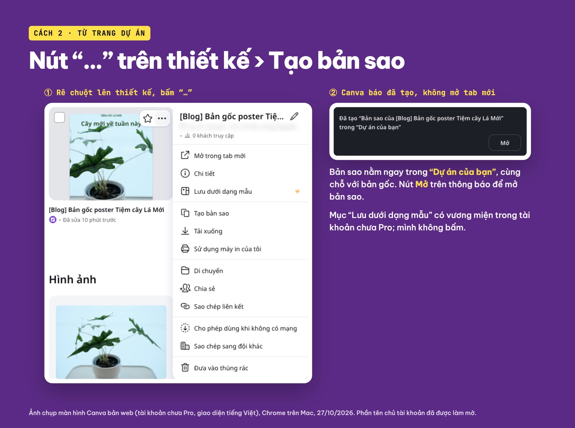 Tạo bản sao Canva từ trang Dự án bằng nút ba chấm
