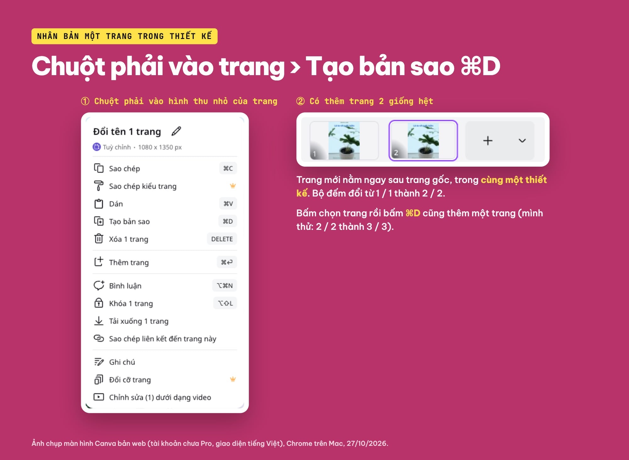 Nhân bản trang trong Canva bằng menu chuột phải