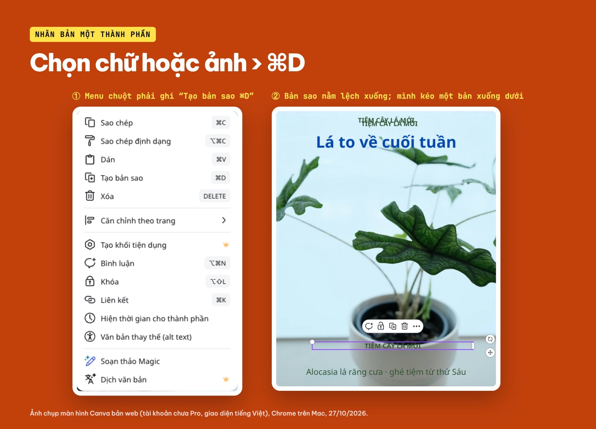 Nhân bản thành phần trong Canva bằng Cmd D