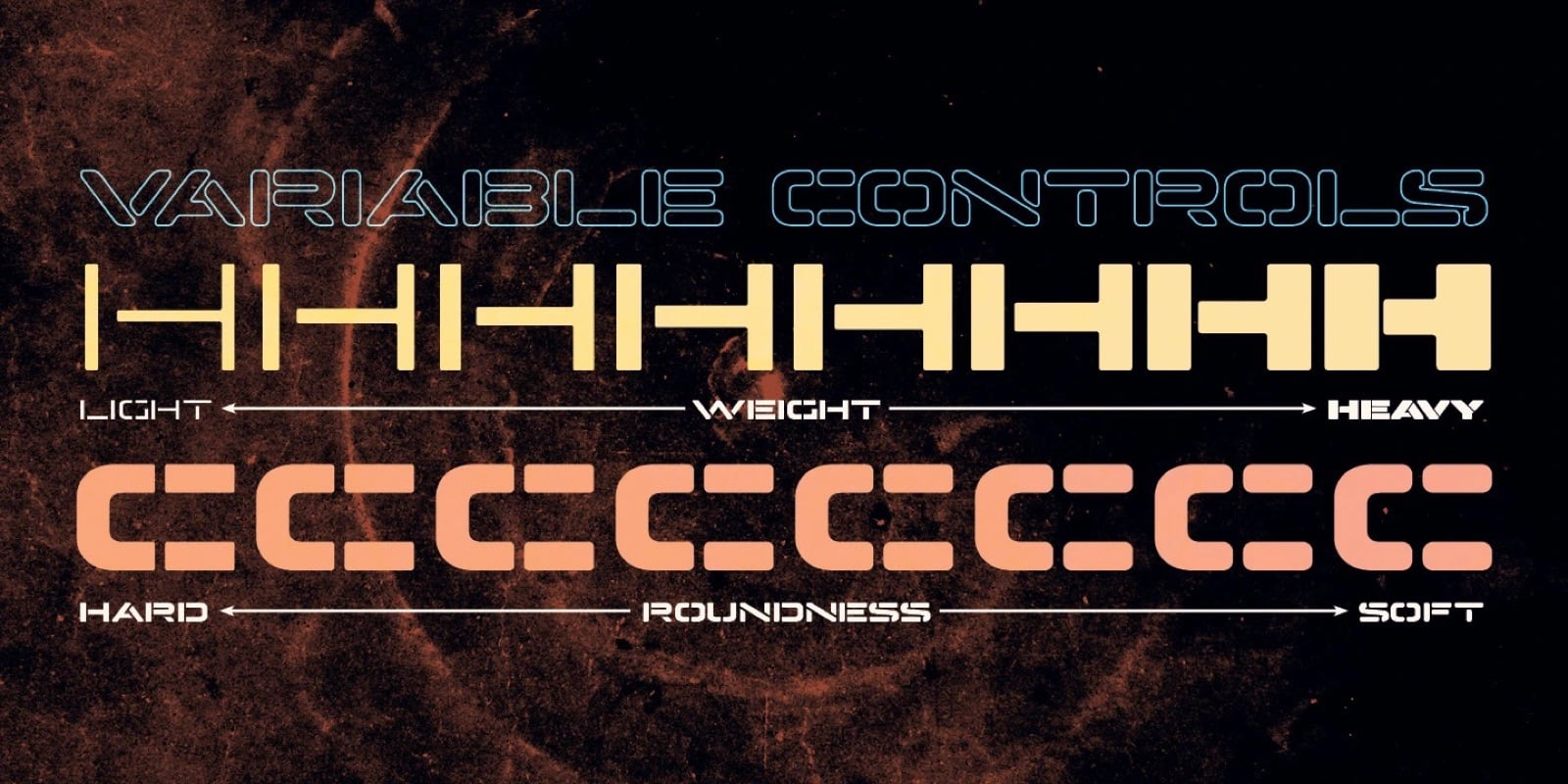 Sơ đồ hai trục biến thiên của Hyperspace Cargo trên nền tối: hàng chữ H màu kem từ mảnh tới đậm, hàng chữ C màu cam từ góc vuông tới bo tròn