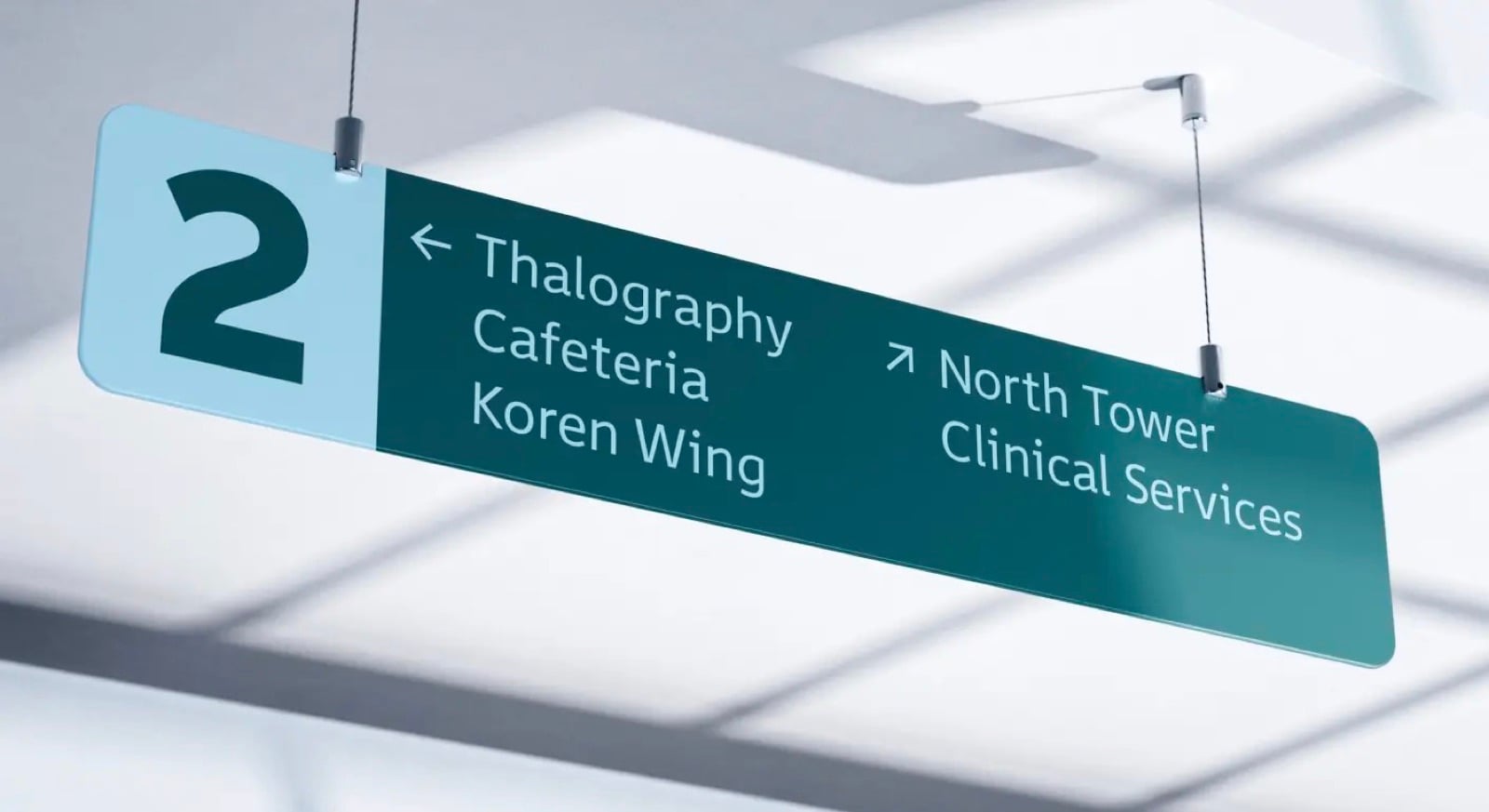 Biển chỉ dẫn treo trần trong tòa nhà sáng, ô xanh nhạt số 2 và ô xanh đậm ghi các khu Thalography, Cafeteria, Koren Wing, North Tower với mũi tên