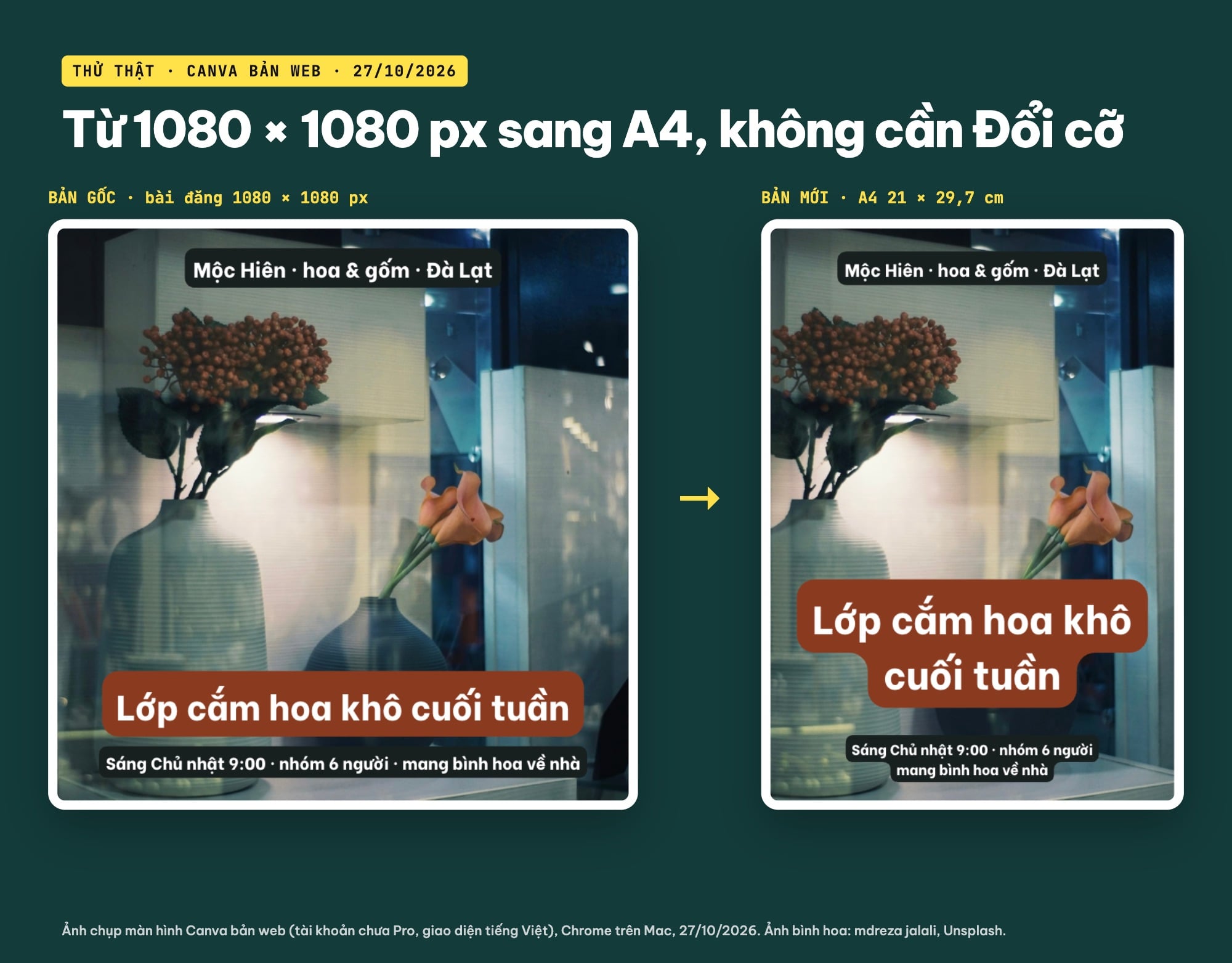 Chỉnh kích thước trên Canva: bản 1080 x 1080 px và bản A4 làm lại