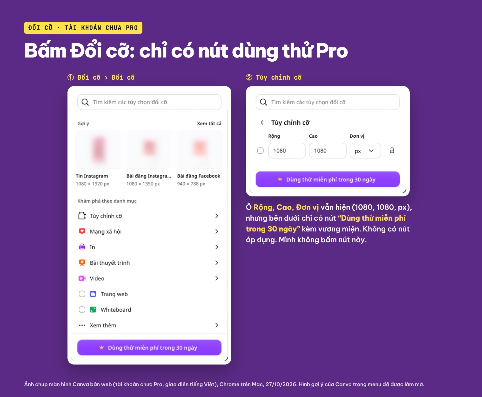 Menu Đổi cỡ của Canva chỉ có nút dùng thử Pro
