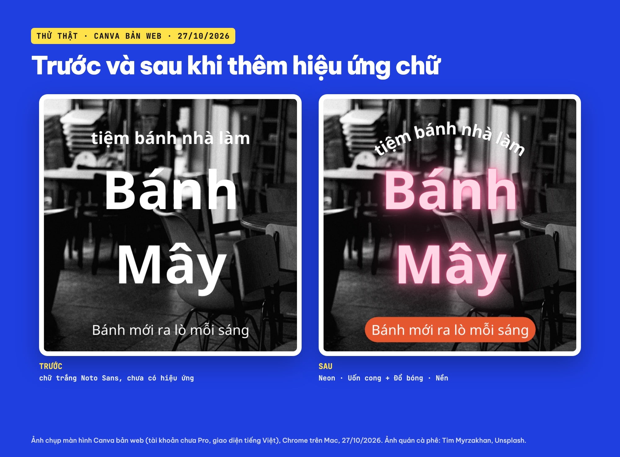 Hiệu ứng chữ Canva trước và sau trên poster tiệm bánh