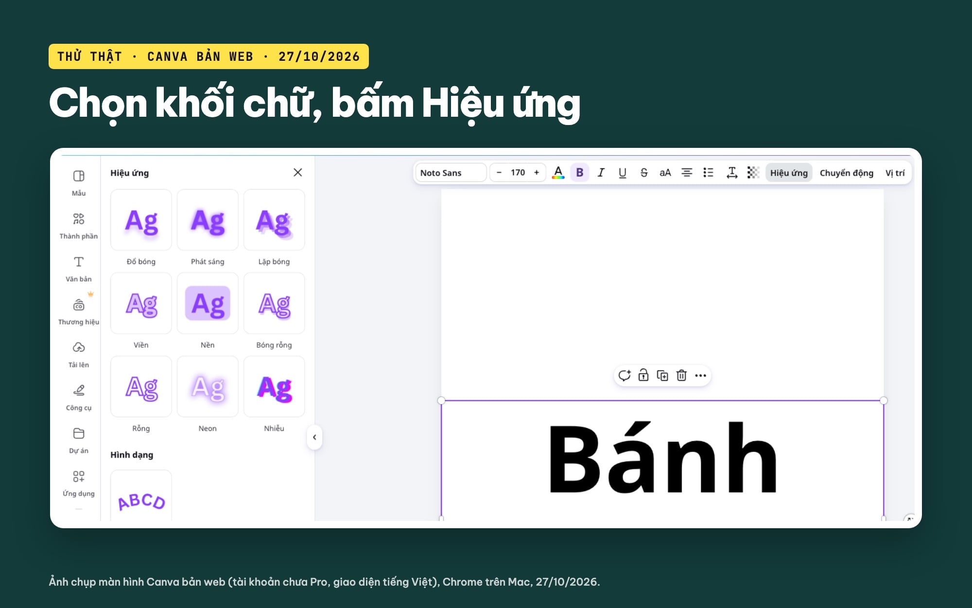 Nút Hiệu ứng và bảng Hiệu ứng chữ trong Canva