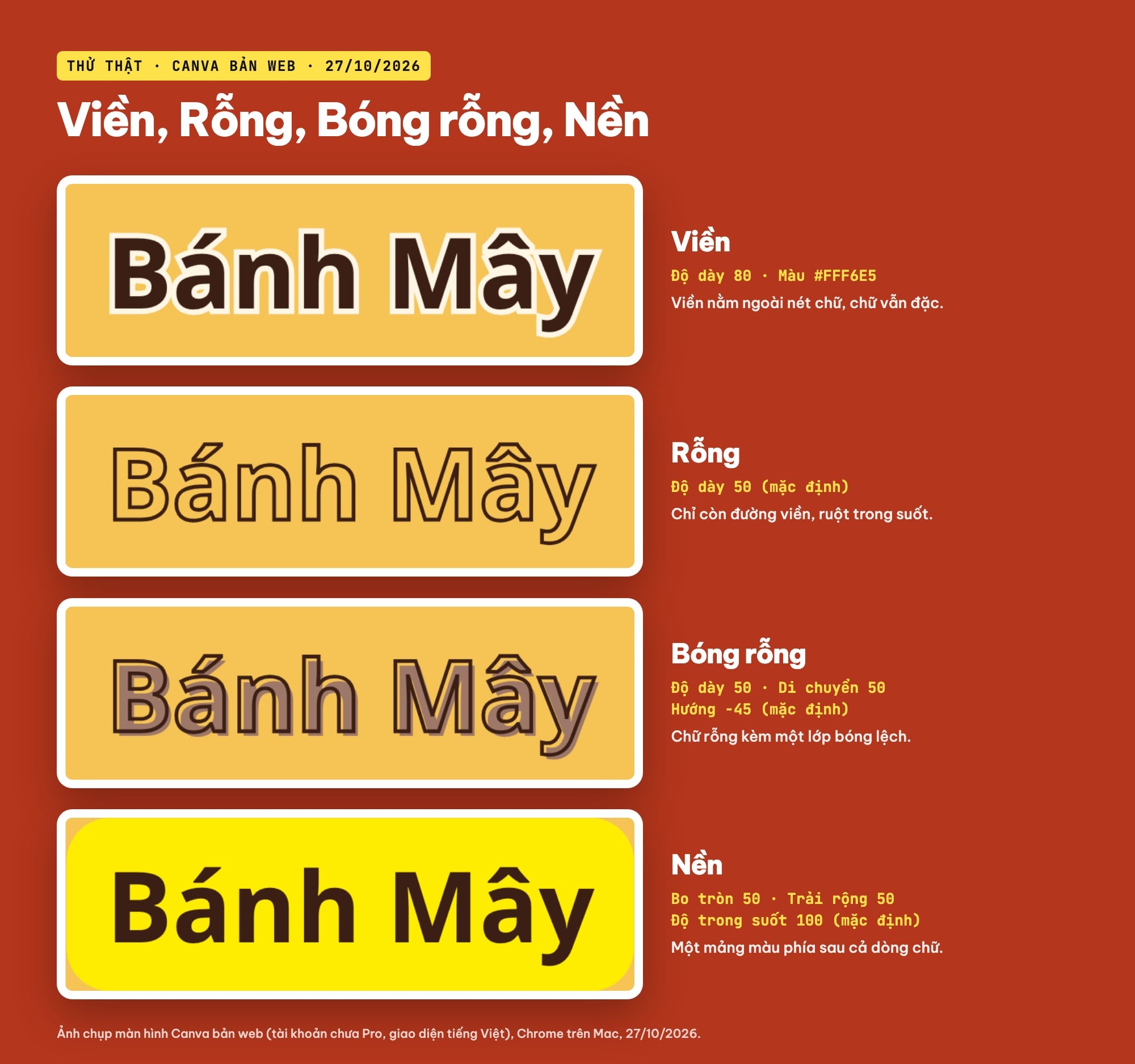 So sánh hiệu ứng Viền, Rỗng, Bóng rỗng, Nền trên Canva