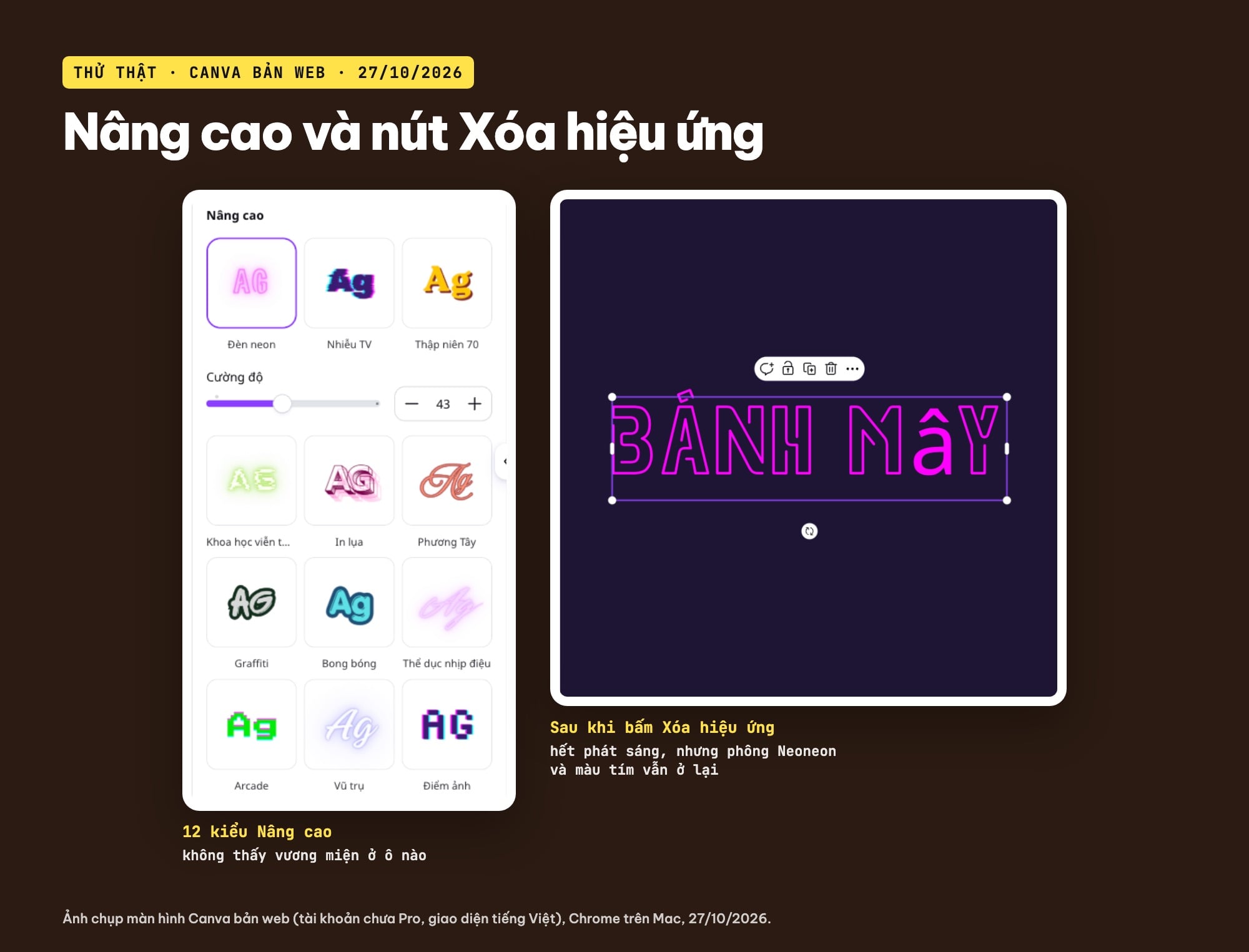 Nhóm Nâng cao và nút Xóa hiệu ứng trong Canva
