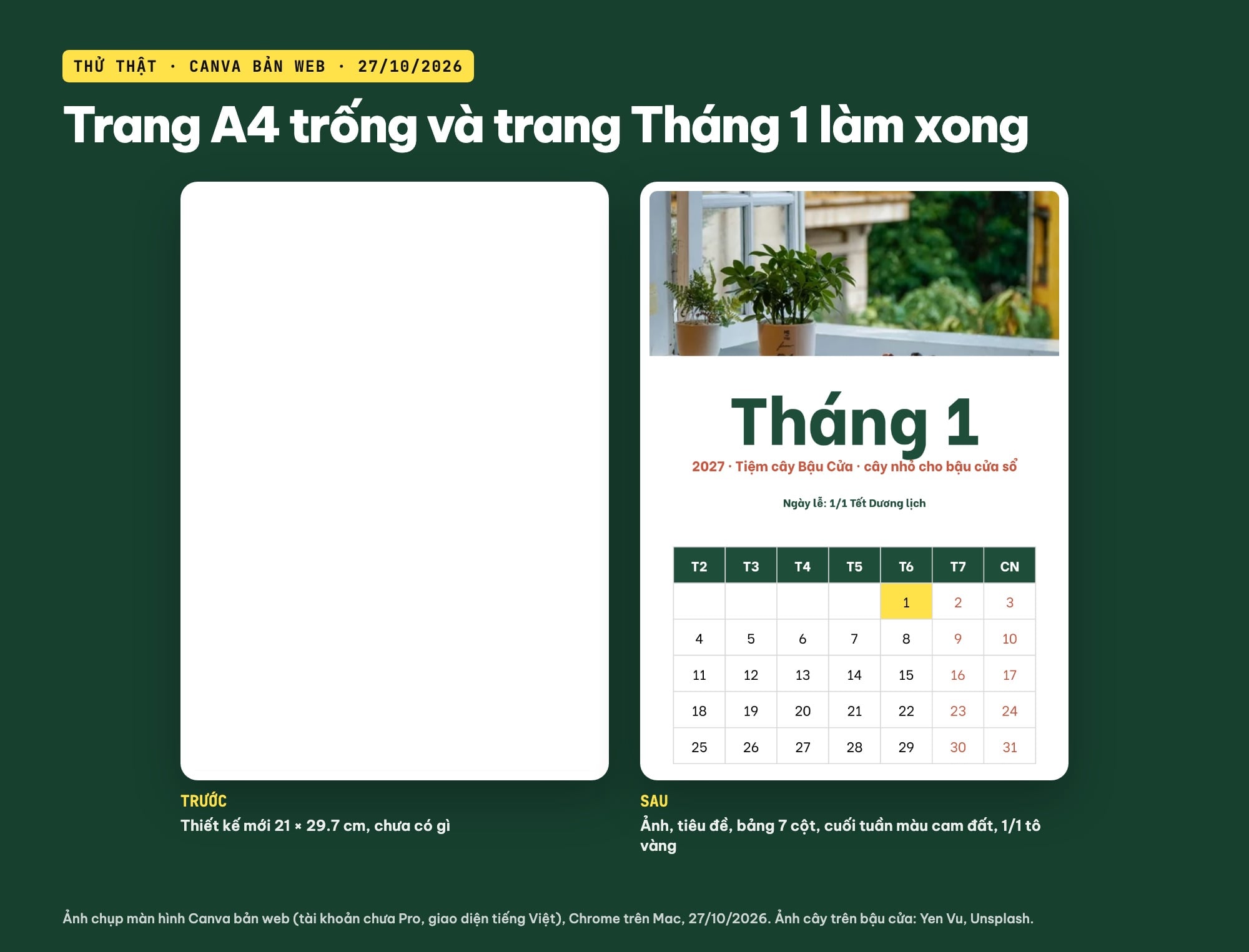Làm lịch 2027 trên Canva: trang trống và trang tháng 1 làm xong