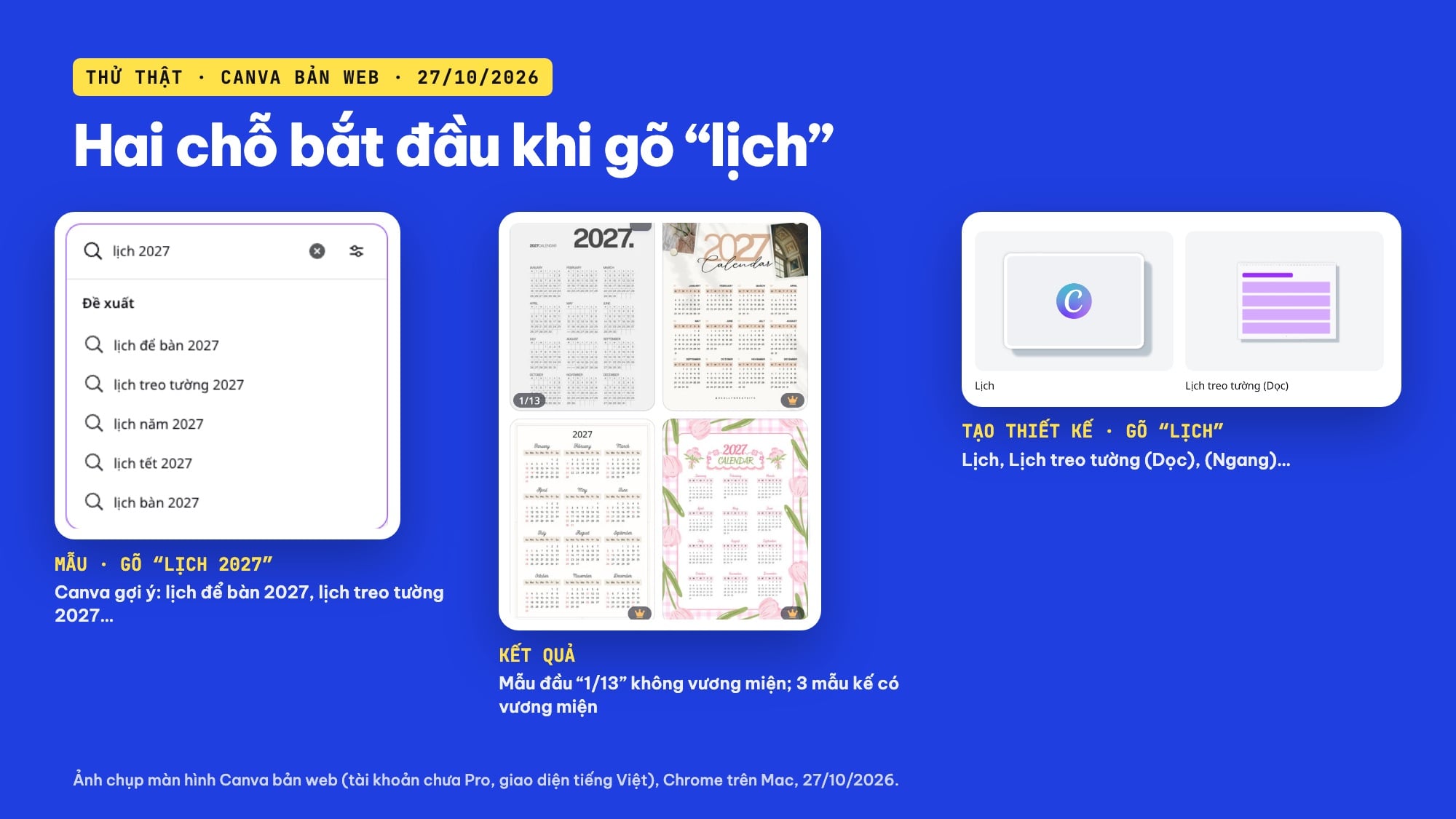 Tìm mẫu lịch 2027 và cỡ lịch trong Canva