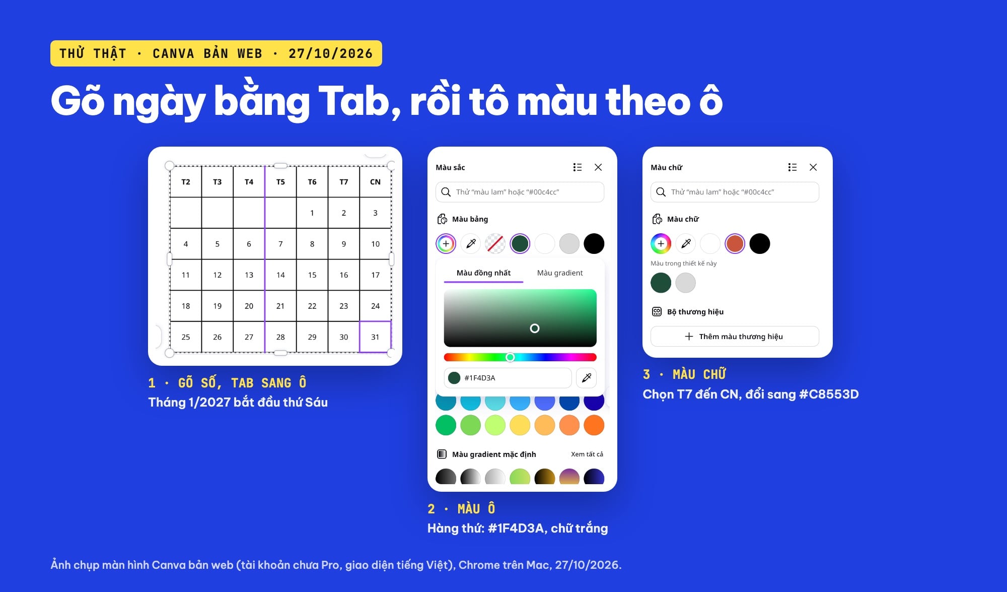Gõ ngày và tô màu cuối tuần cho lịch Canva