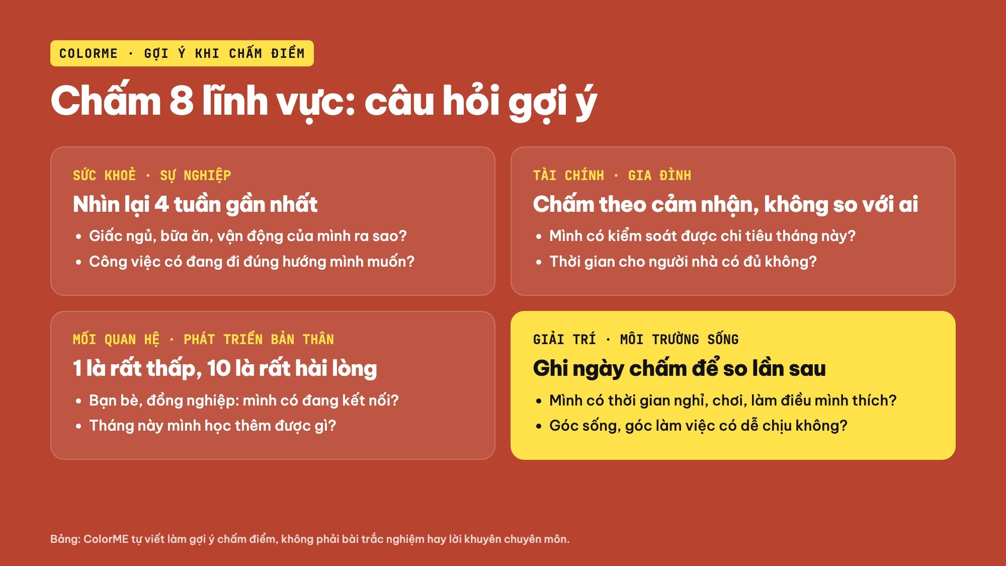 Câu hỏi gợi ý chấm điểm 8 lĩnh vực của bánh xe cuộc đời