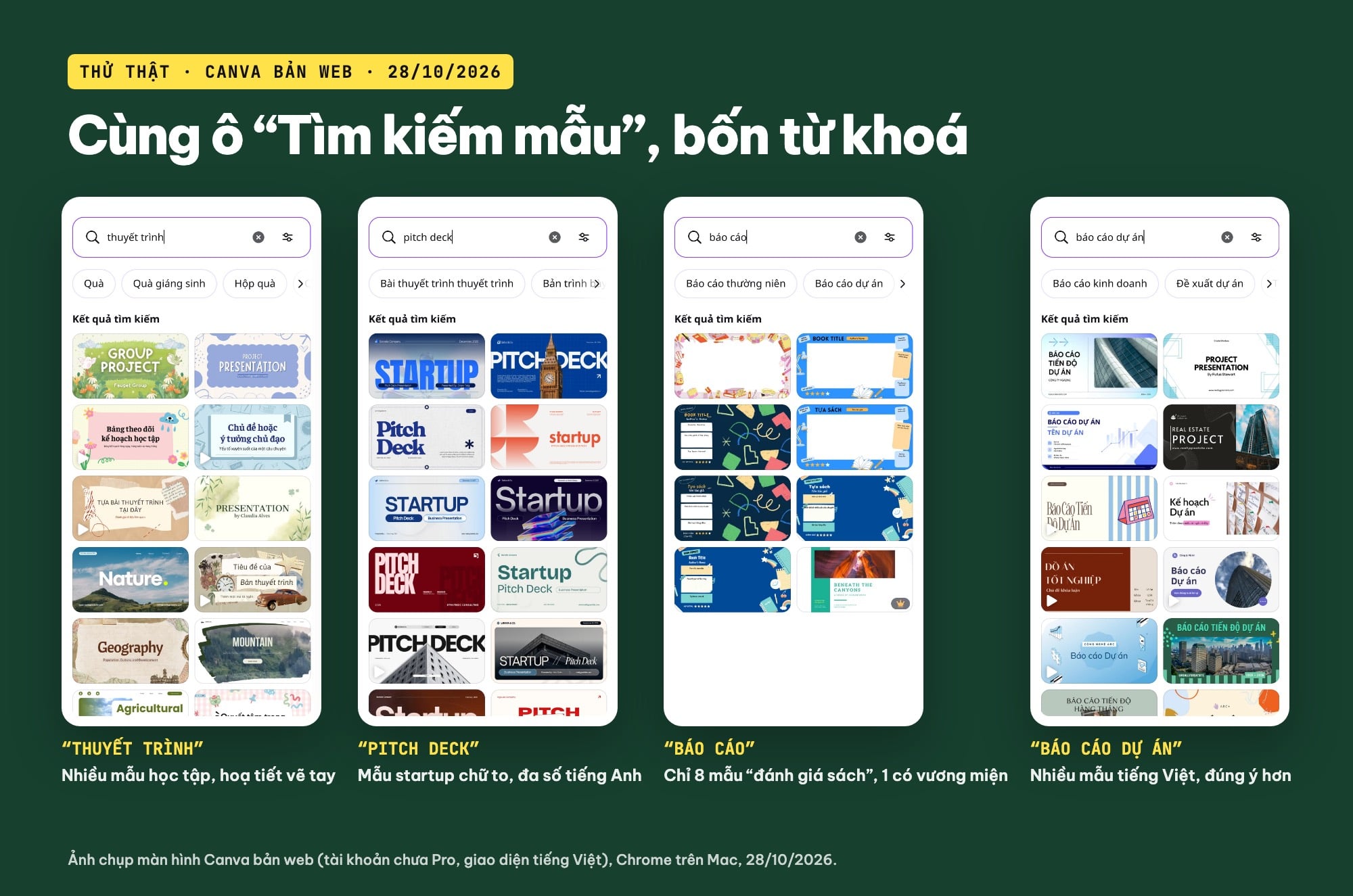 Tìm mẫu slide Canva bằng từ khoá thuyết trình, pitch deck, báo cáo