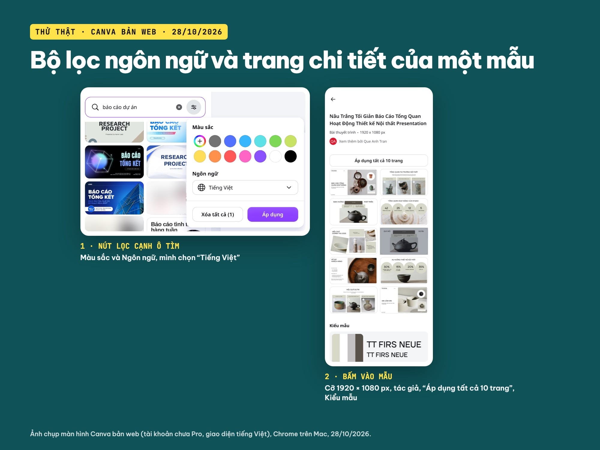Bộ lọc ngôn ngữ tiếng Việt và trang chi tiết mẫu slide Canva