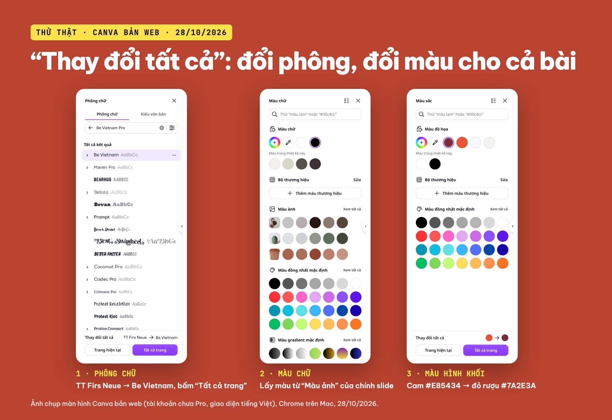 Đổi phông và màu cho cả bài slide Canva bằng Thay đổi tất cả
