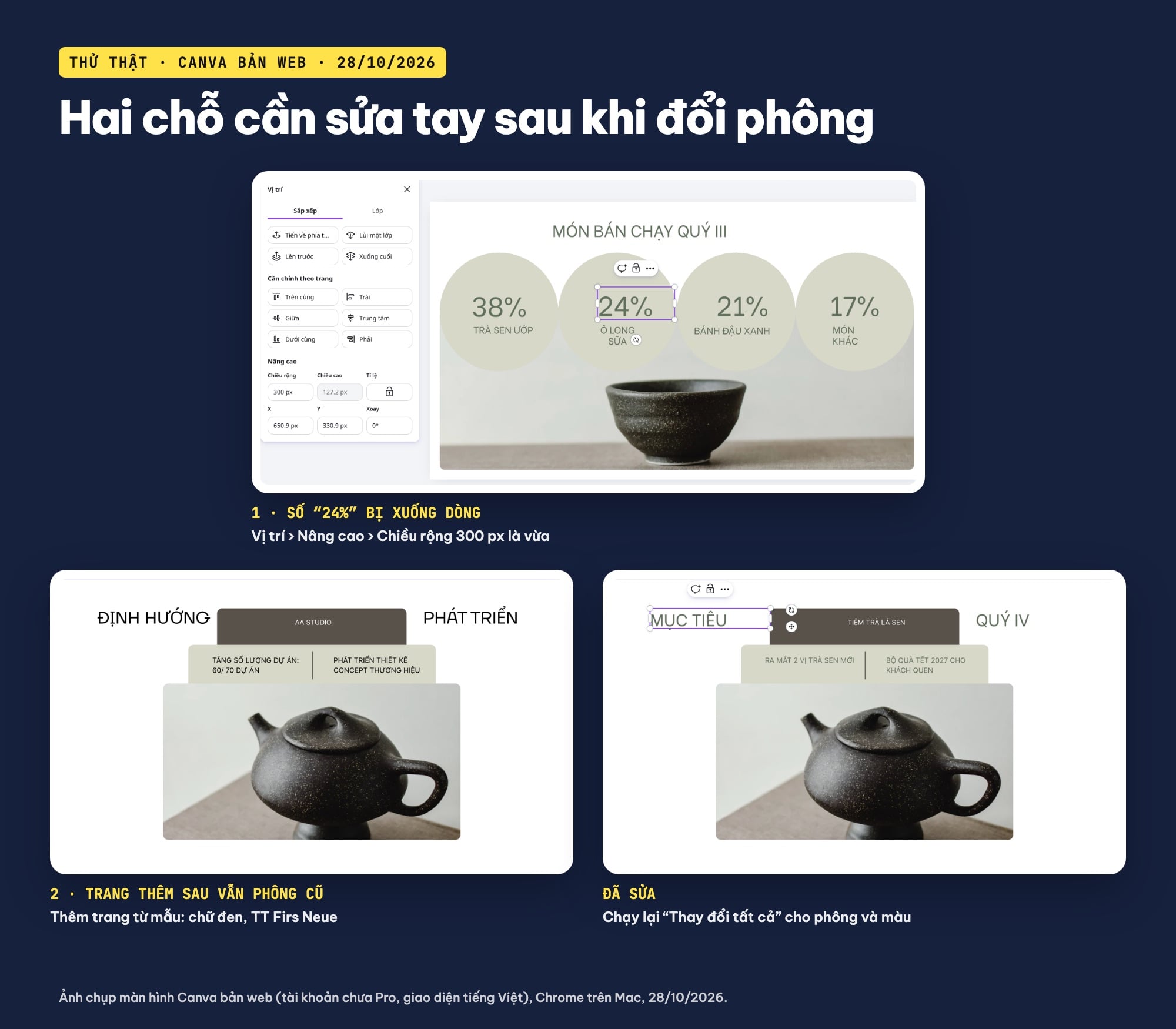 Sửa chữ bị xuống dòng và trang mới sai phông trong slide Canva